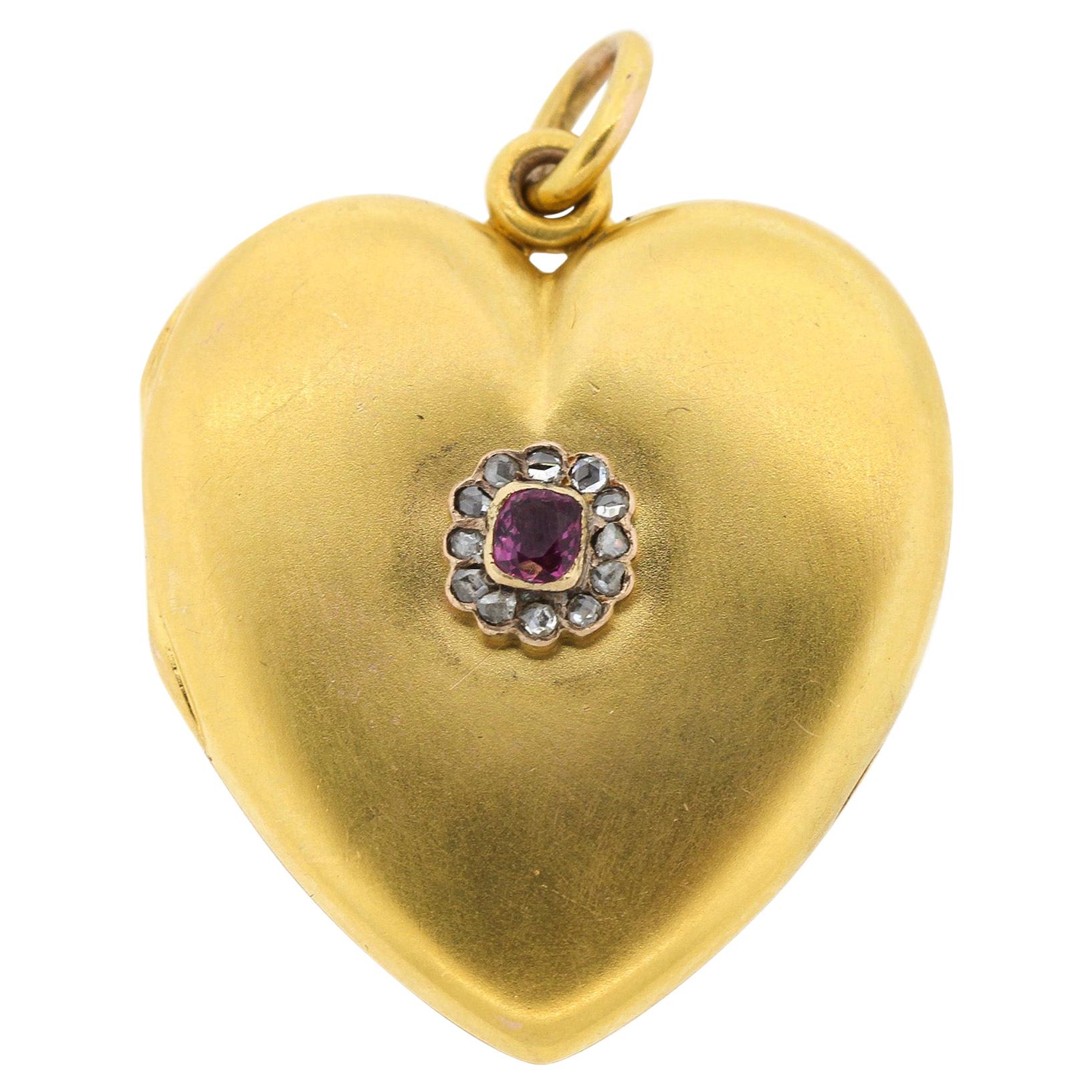 Antique 1900s 14 Karat Yellow Gold Ruby Diamond Heart Locket