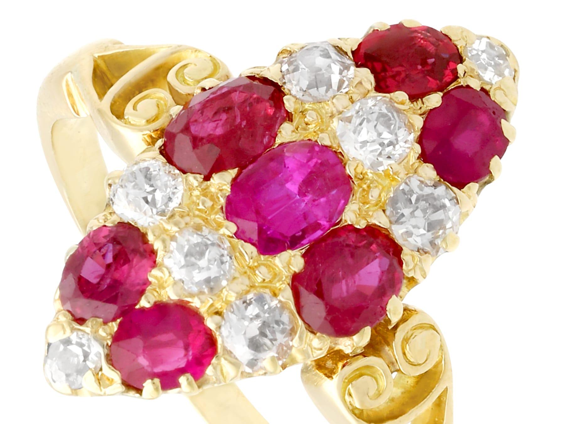 Antiker 1900er 1,82 Karat Rubin Diamant Gold Marquise Ring (Ovalschliff) im Angebot