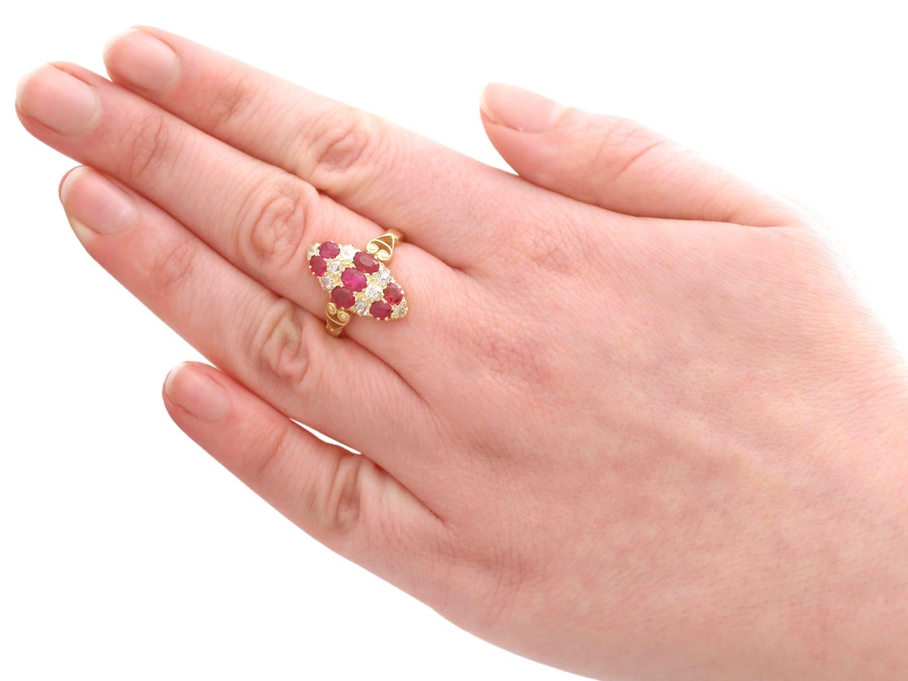 Antique 1900s 1.82 Carat Ruby Diamond Gold Marquise Ring In Excellent Condition For Sale In Jesmond, Newcastle Upon Tyne