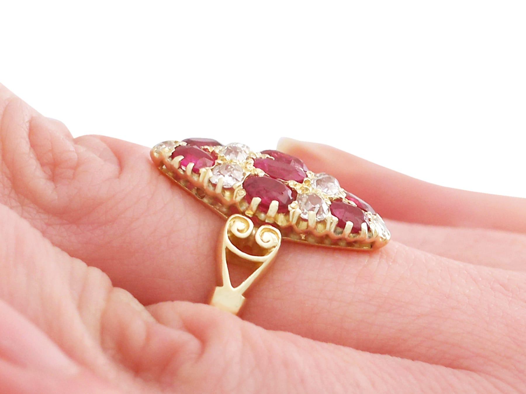 Women's Antique 1900s 1.82 Carat Ruby Diamond Gold Marquise Ring For Sale
