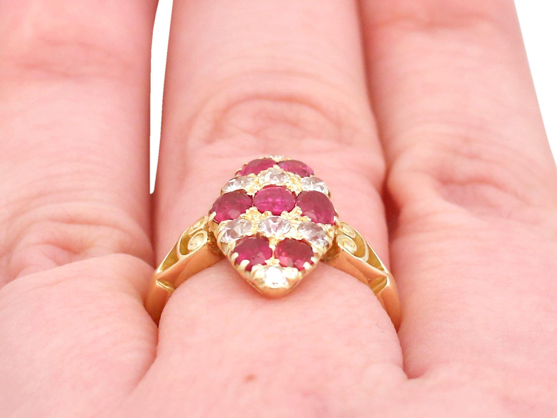 Antique 1900s 1.82 Carat Ruby Diamond Gold Marquise Ring For Sale 1