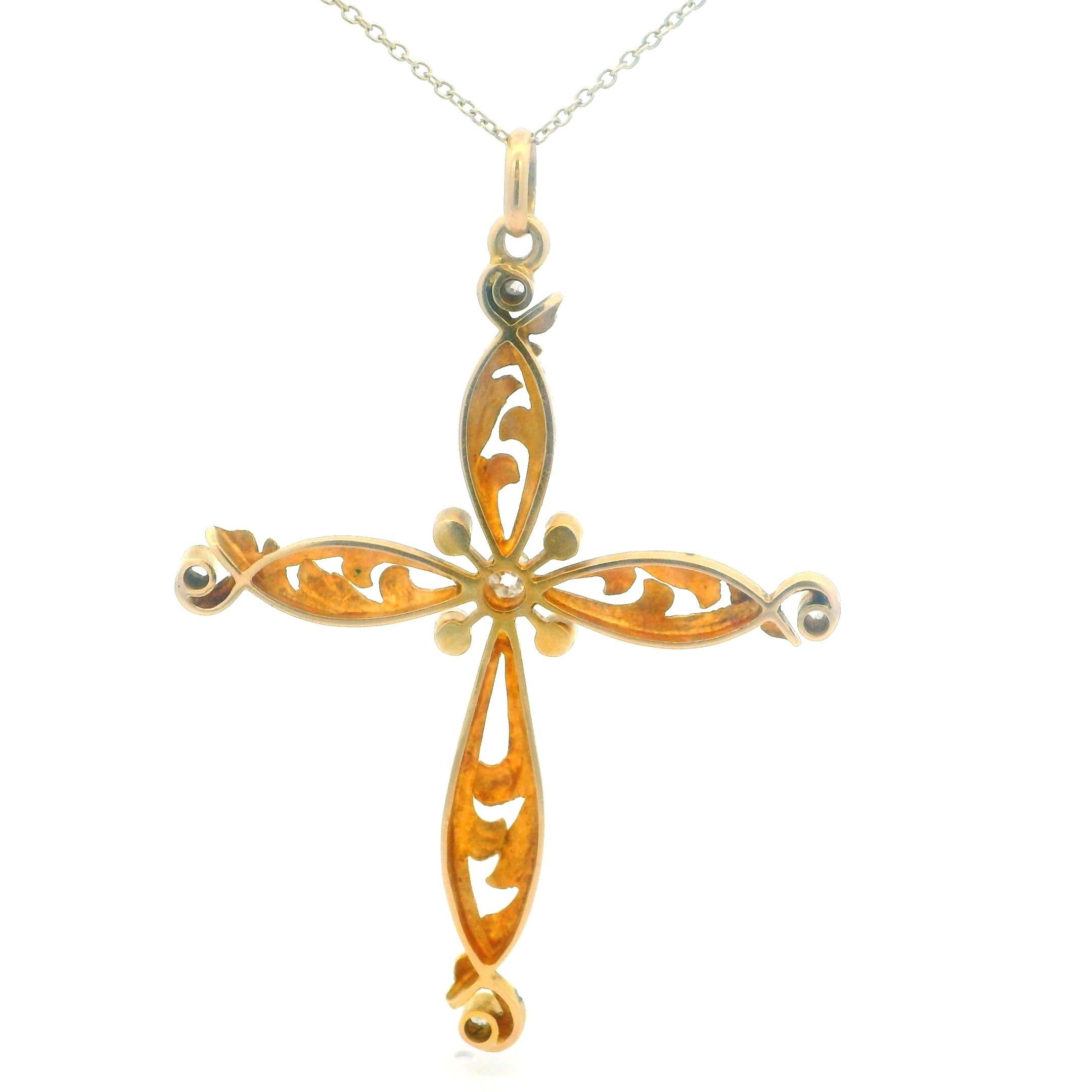 da uomo o donna Antico ciondolo a forma di croce in oro 18 carati del 1900 con diamanti e perle in vendita