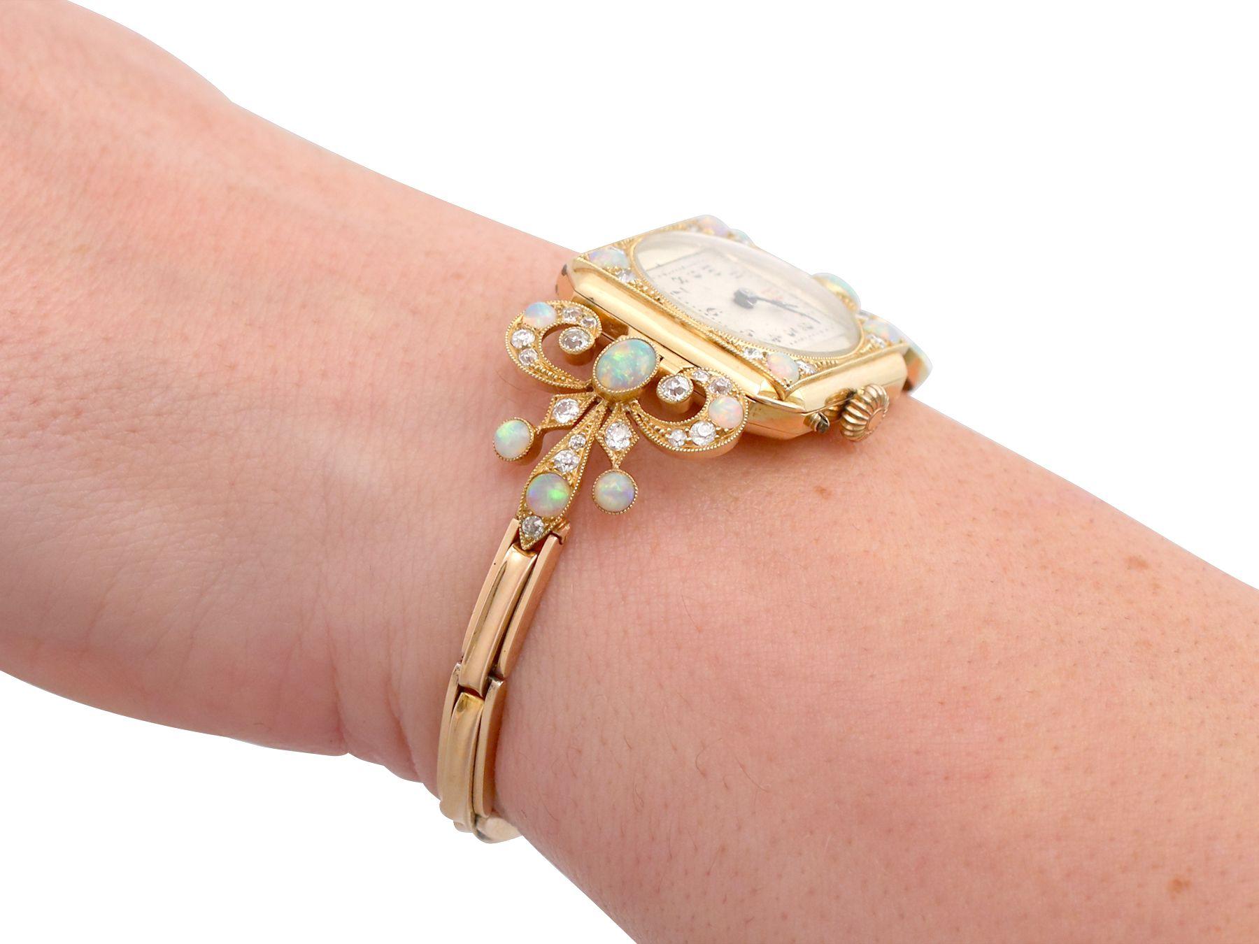 Antique 1900s 2.12 Carat Opal and 1.09 Carat Diamond Yellow Gold Cocktail Watch 8