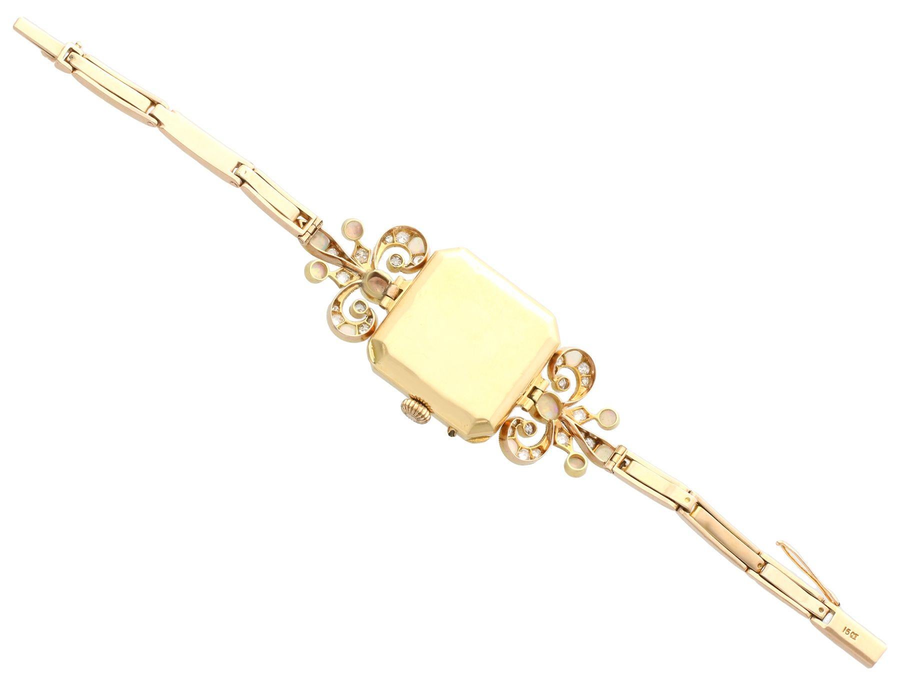 Antique 1900s 2.12 Carat Opal and 1.09 Carat Diamond Yellow Gold Cocktail Watch In Excellent Condition In Jesmond, Newcastle Upon Tyne