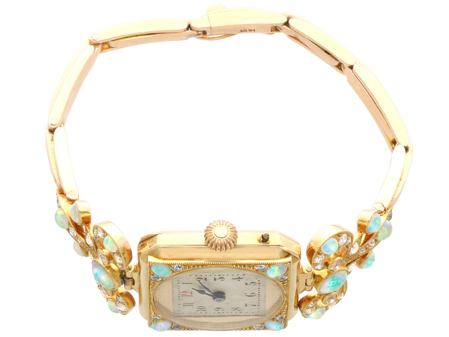 Antique 1900s 2.12 Carat Opal and 1.09 Carat Diamond Yellow Gold Cocktail Watch 1