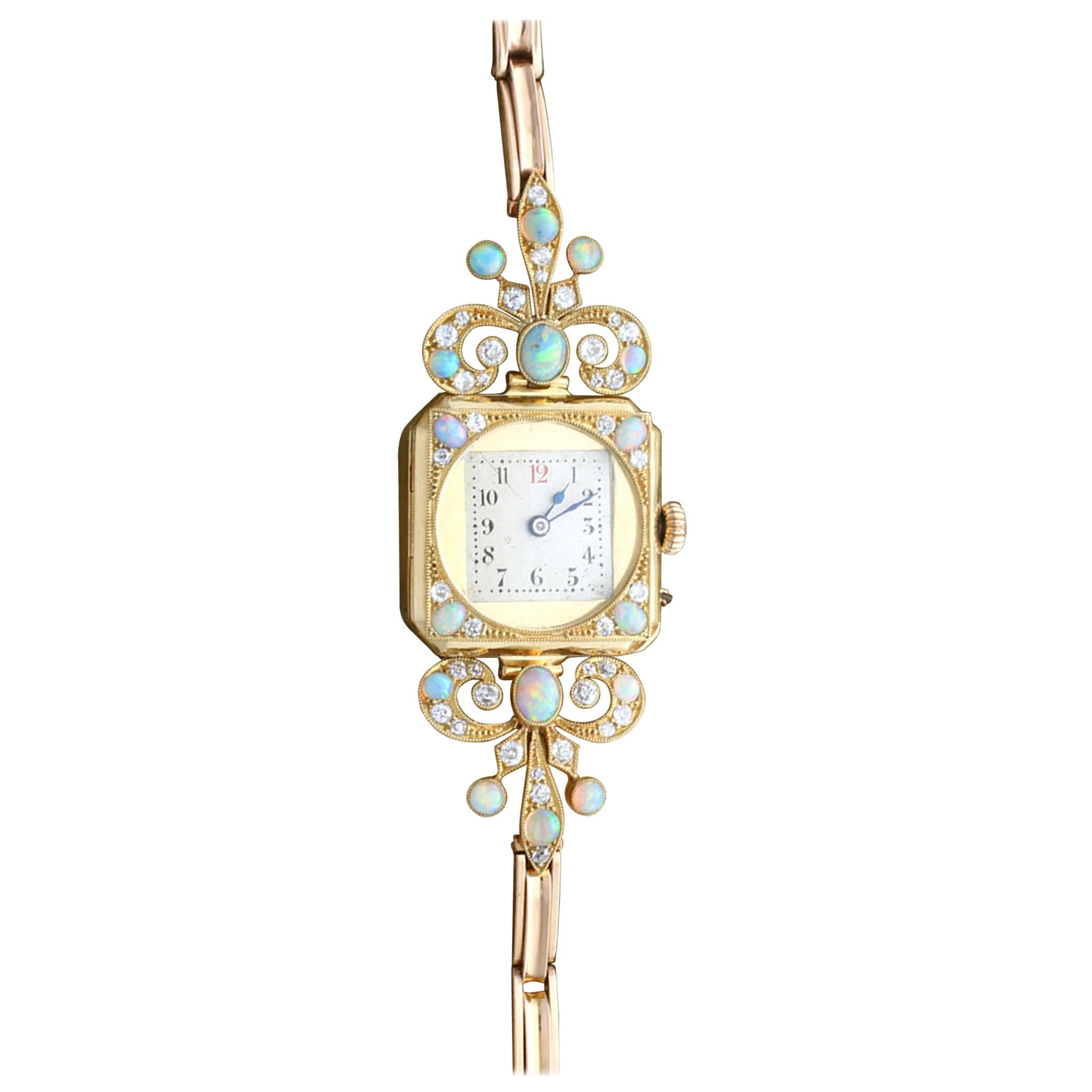 Antique 1900s 2.12 Carat Opal and 1.09 Carat Diamond Yellow Gold Cocktail Watch