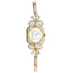 Antique 1900s 2.12 Carat Opal and 1.09 Carat Diamond Yellow Gold Cocktail Watch