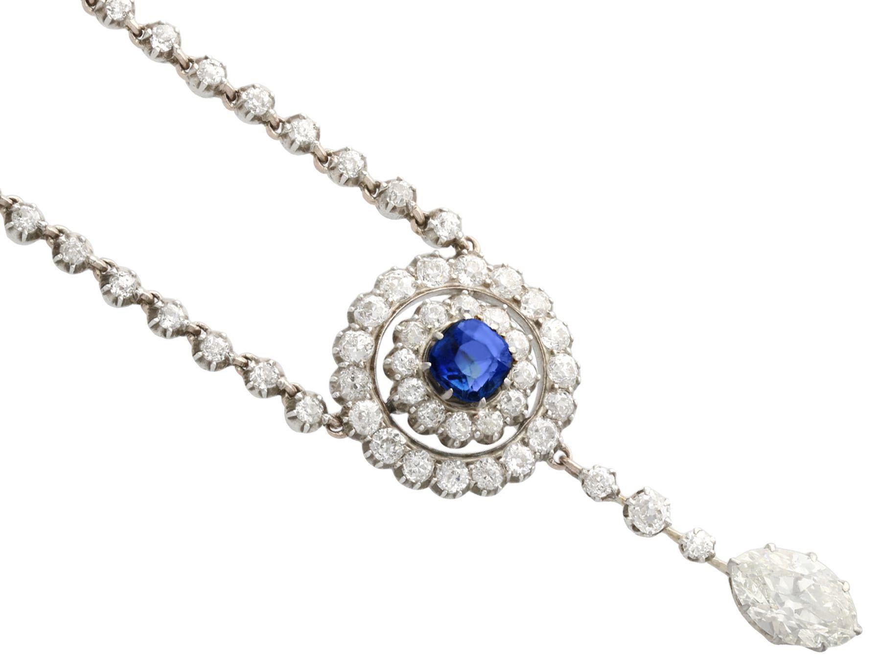 Marquise Cut Antique 1900s 3.69 Carat Diamond and Sapphire Gold and Silver Set Necklace