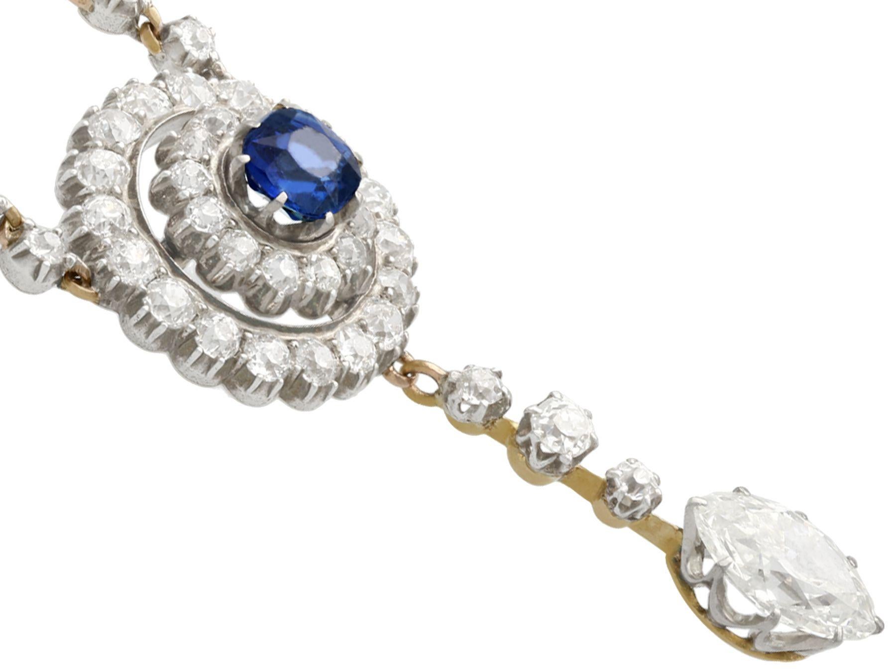 Antique 1900s 3.69 Carat Diamond and Sapphire Gold and Silver Set Necklace In Excellent Condition In Jesmond, Newcastle Upon Tyne