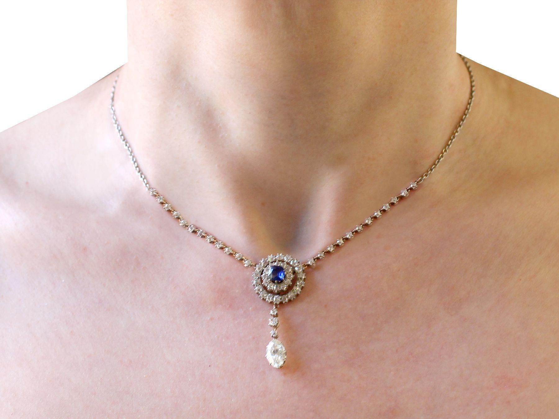 Antique 1900s 3.69 Carat Diamond and Sapphire Gold and Silver Set Necklace 3