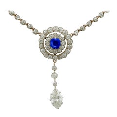 Antique 1900s 3.69 Carat Diamond and Sapphire Gold and Silver Set Necklace