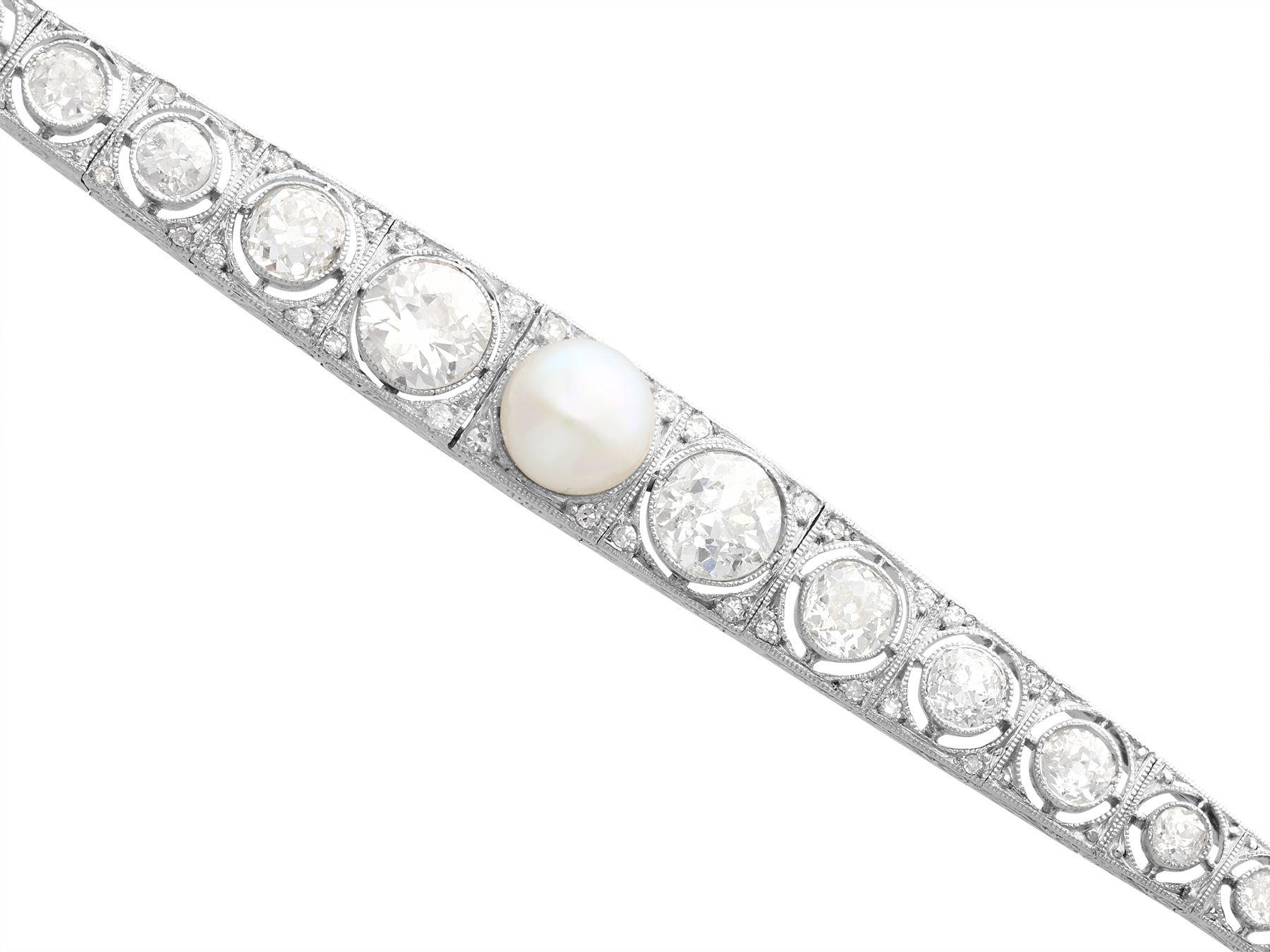 Round Cut 1900s Antique 5.61 Carat Diamond and Pearl White Gold Bracelet For Sale