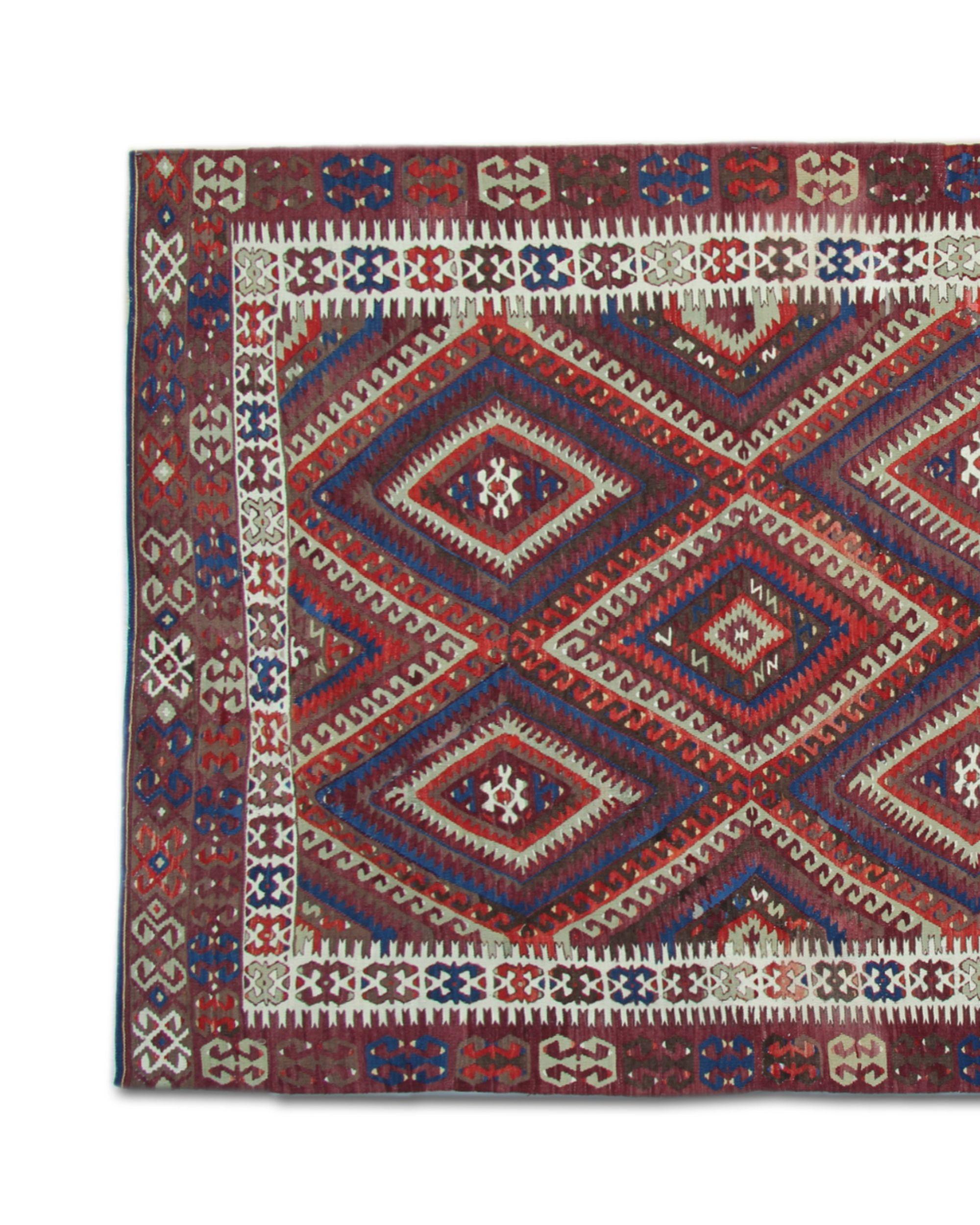 Antiker 1900er Anatolischer Woll-Kilim, Türkischer Geometrischer Stammes-Teppich 285x160cm (Wolle) im Angebot