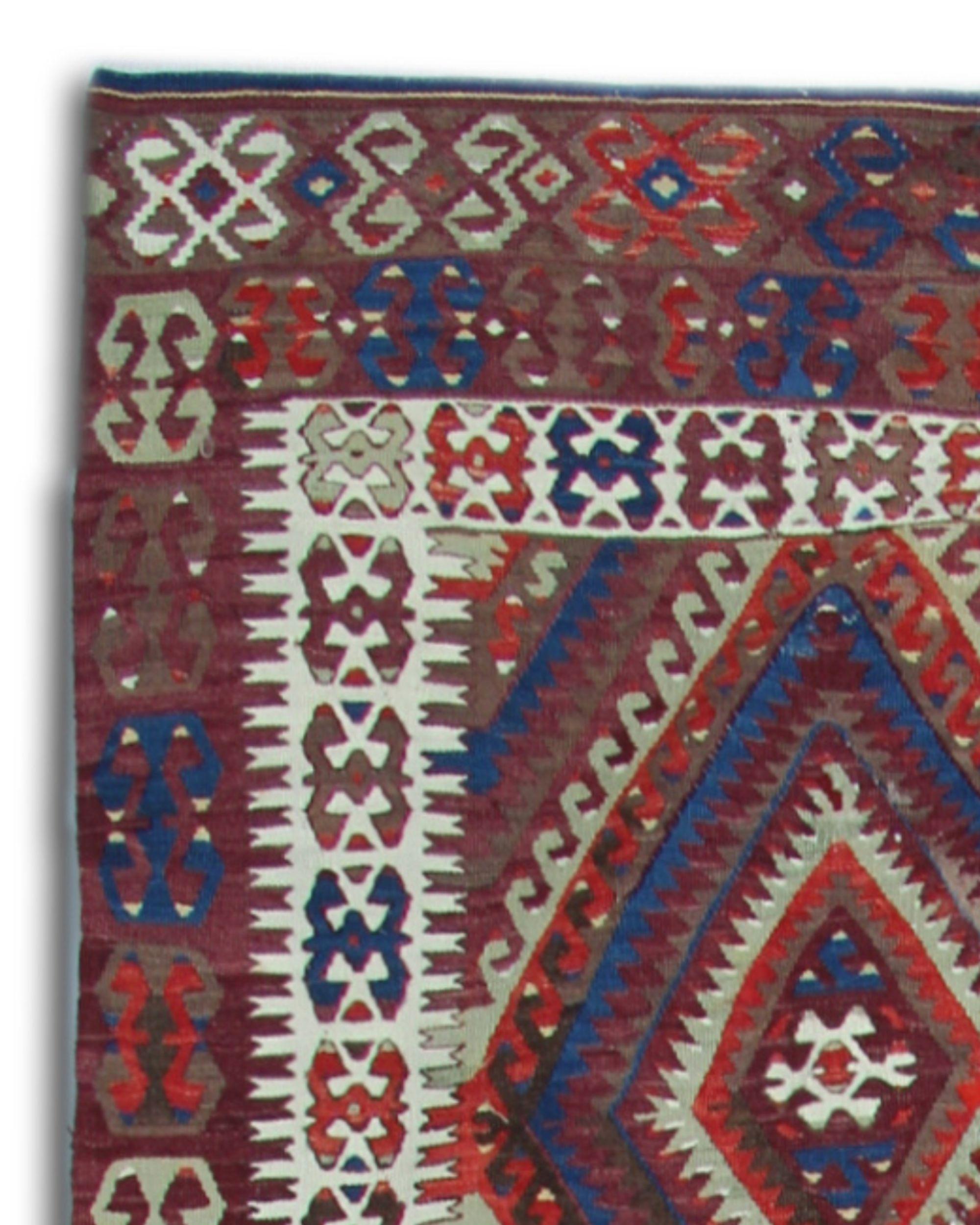 Antiker 1900er Anatolischer Woll-Kilim, Türkischer Geometrischer Stammes-Teppich 285x160cm im Angebot 2