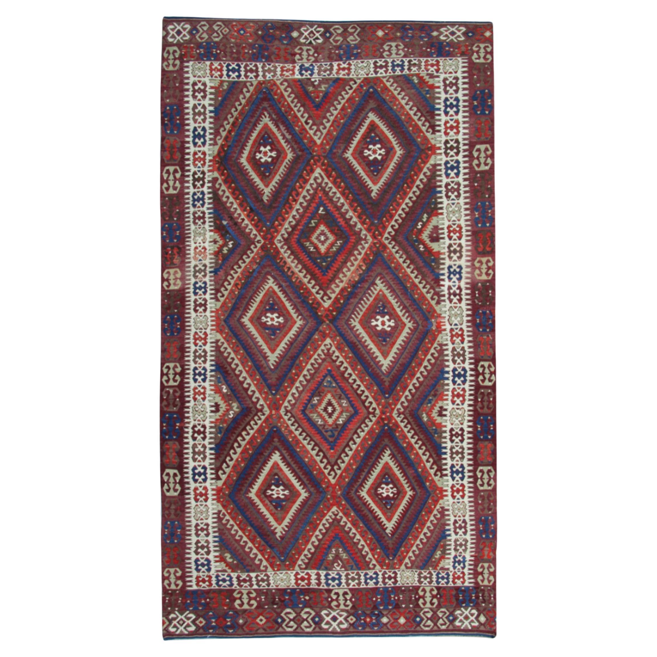 Antiker 1900er Anatolischer Woll-Kilim, Türkischer Geometrischer Stammes-Teppich 285x160cm