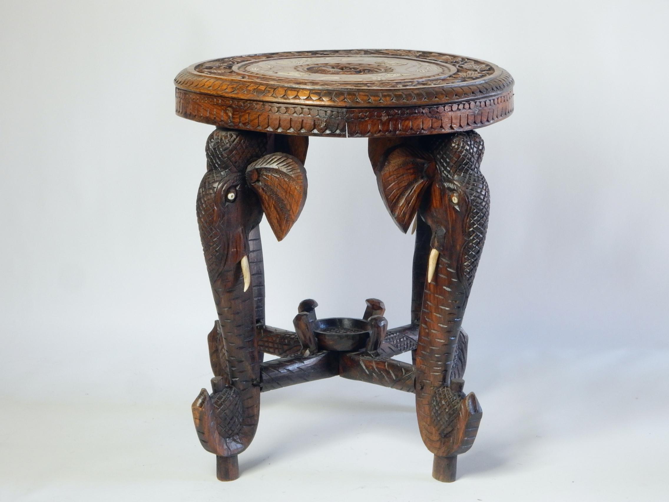 Antique 1900's Anglo-Raj Indian Elephant Leg Gueridon Table with Bone Inlay Top 1