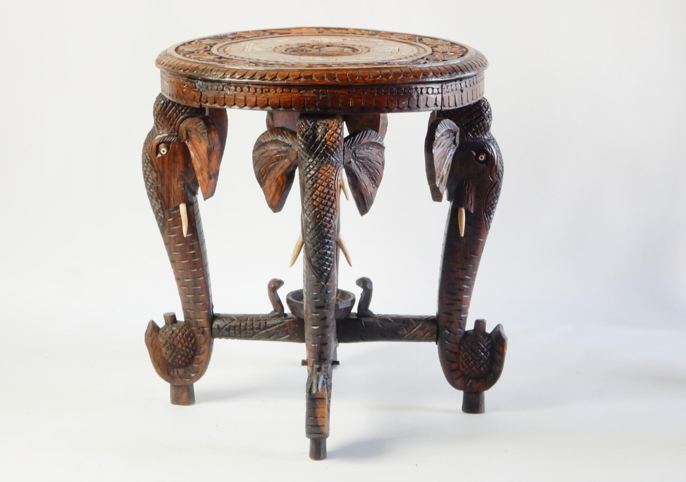 Antique 1900's Anglo-Raj Indian Elephant Leg Gueridon Table with Bone Inlay Top 2