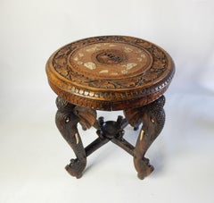 Antique 1900's Anglo-Raj Indian Elephant Leg Gueridon Table with Bone Inlay Top
