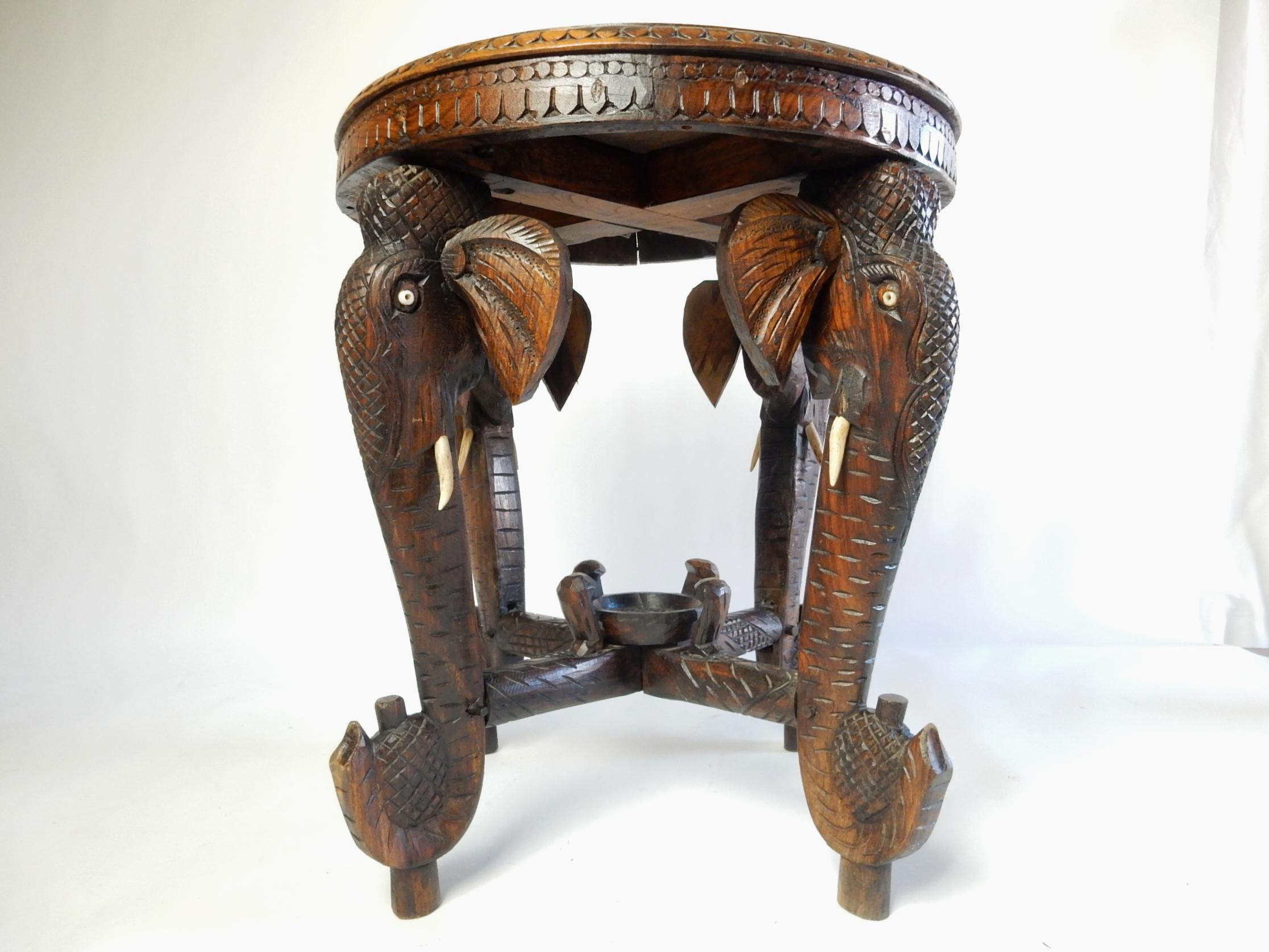 Hand-Carved Antique 1900's Anglo-Raj Indian Elephant Leg Gueridon Table with Bone Inlay Top