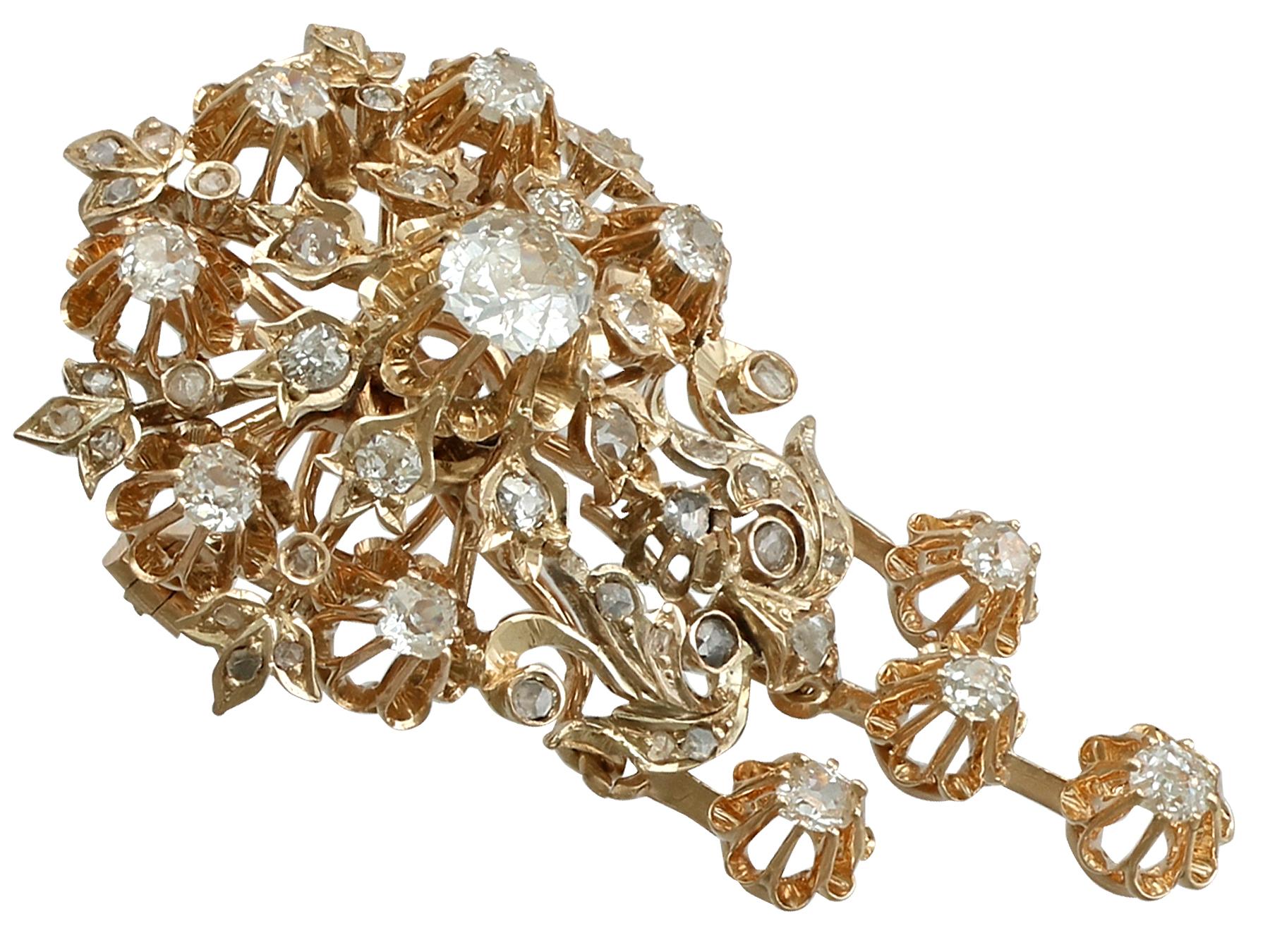 A very fine and impressive antique Austro-Hungarian 3.04 carat diamond, 19k yellow gold brooch; part of our diverse antique jewelry and estate jewelry collection.

This fine antique Austro-Hungarian diamond brooch has been crafted in 19k yellow
