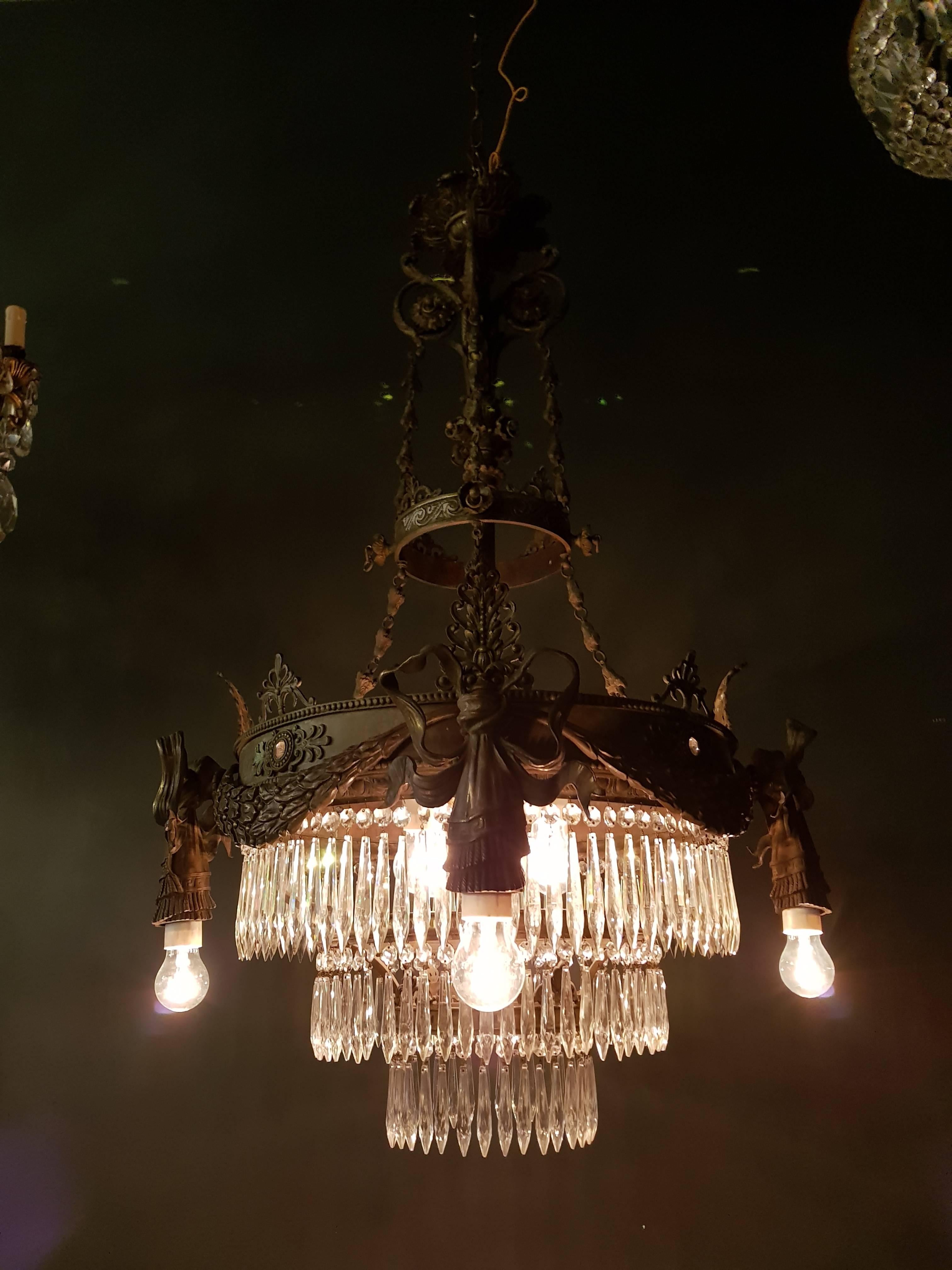 European Antique 1900s Chandelier Crystal Lustre Brass Ceiling Lamp Rarity
