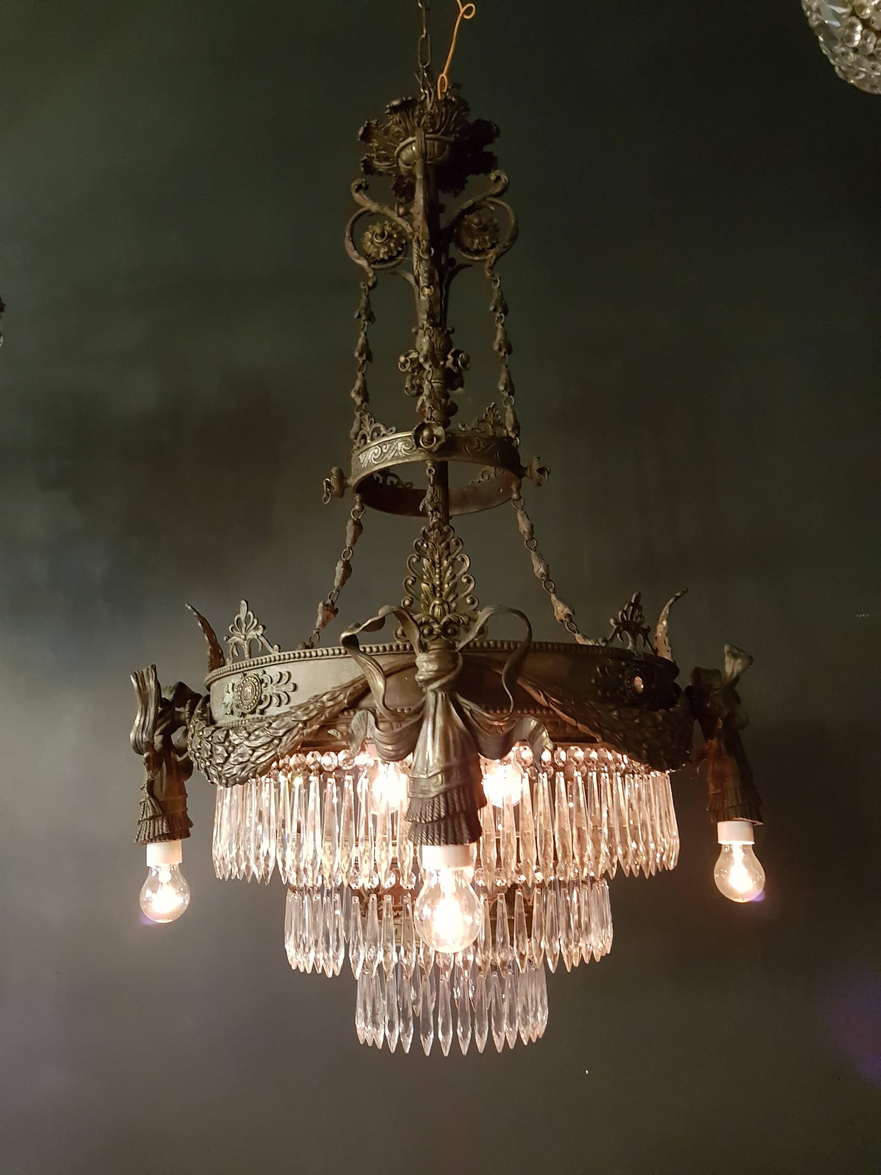 Hand-Knotted Antique 1900s Chandelier Crystal Lustre Brass Ceiling Lamp Rarity