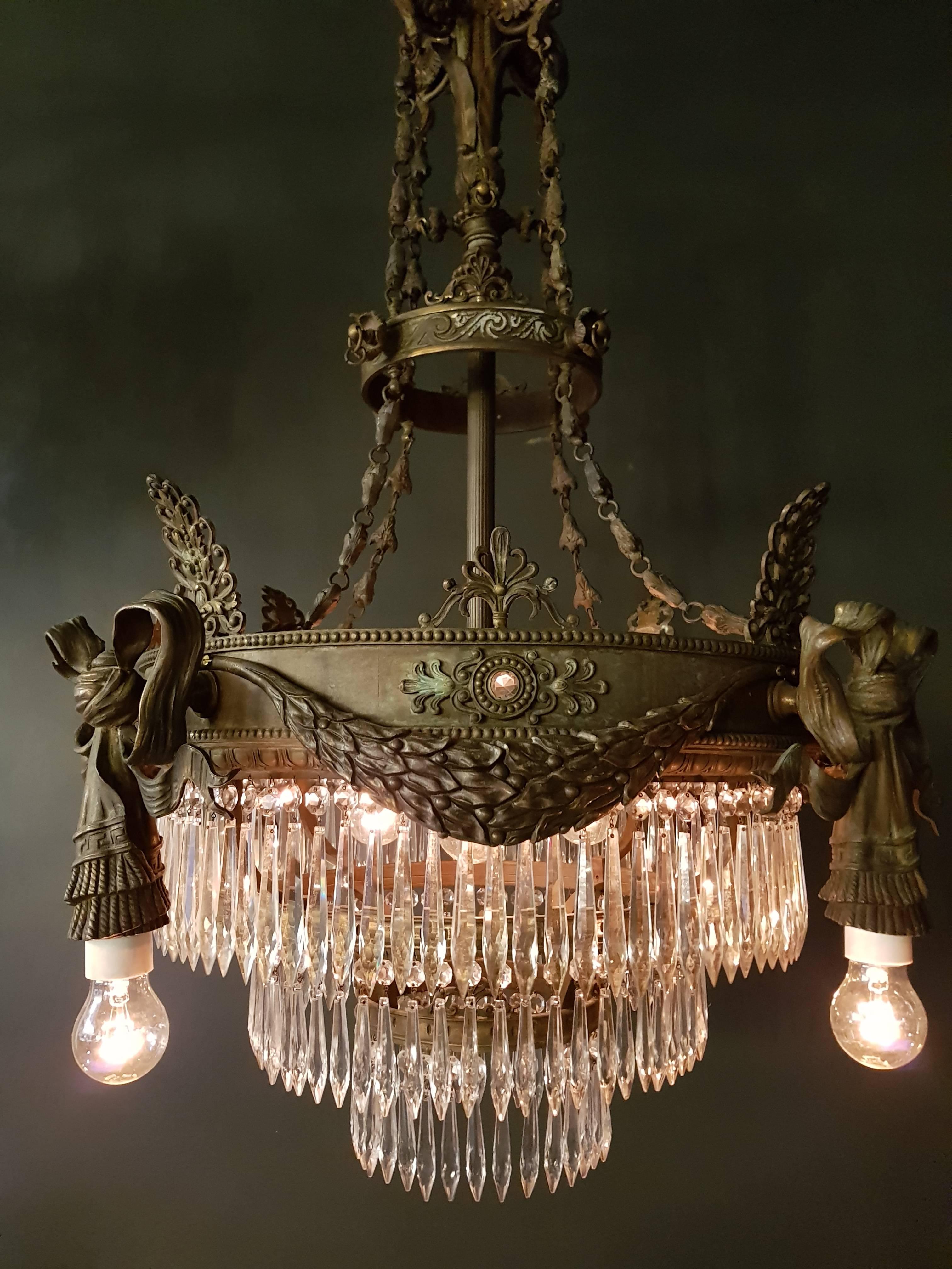 18th Century Antique 1900s Chandelier Crystal Lustre Brass Ceiling Lamp Rarity