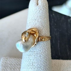 Antique 1900's Diamond & Pearl 14K Gold Snake Ring