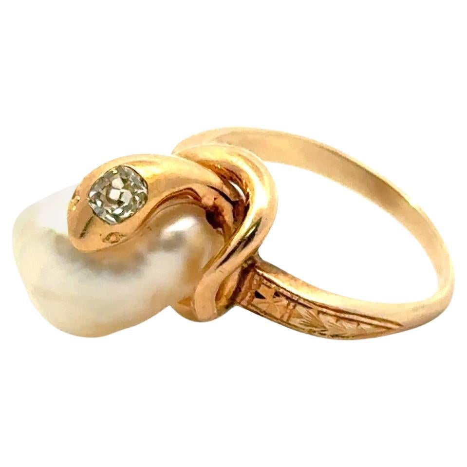 Anillo Serpiente Antiguo 1900 Diamantes y Perlas Oro 14K en venta