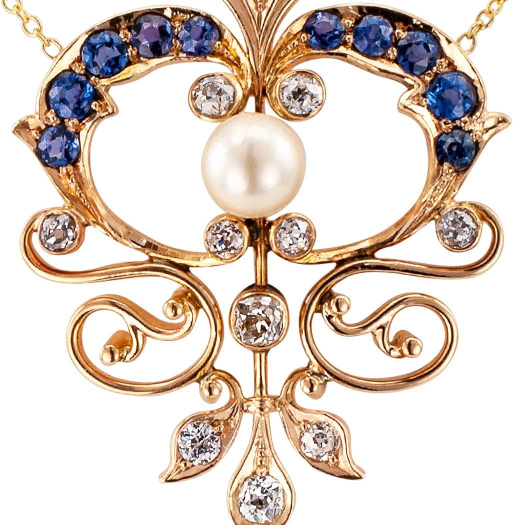 Art Nouveau Antique 1900s Diamond Pearl Sapphire Gold Necklace