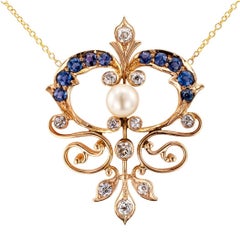 Antique 1900s Diamond Pearl Sapphire Gold Necklace
