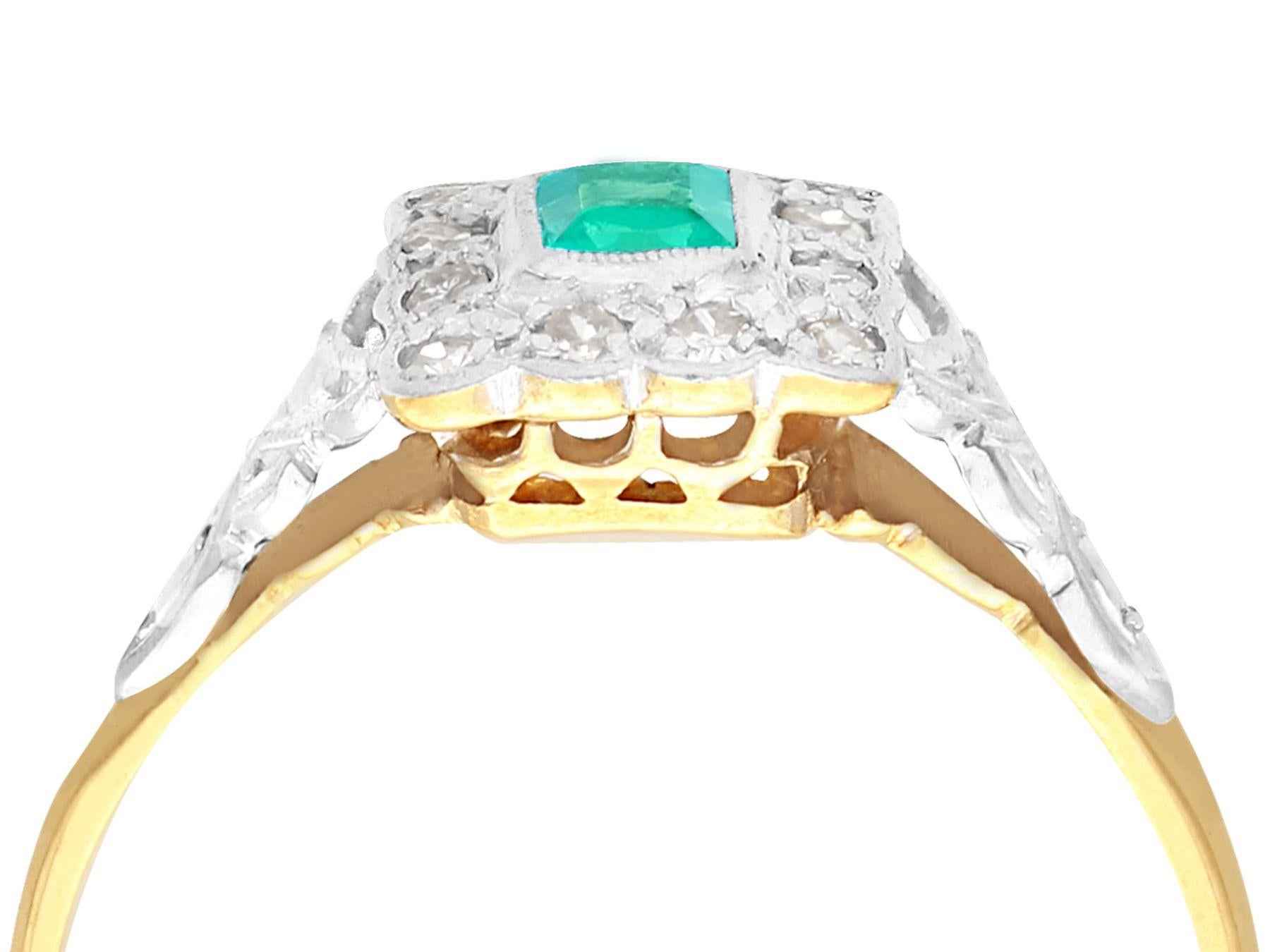 A fine and impressive 0.21 carat emerald and 0.12 carat diamond, 18k yellow gold and platinum set dress ring; part of our diverse antique jewelry and estate jewelry collections.

This fine and impressive emerald and diamond cocktail ring has been