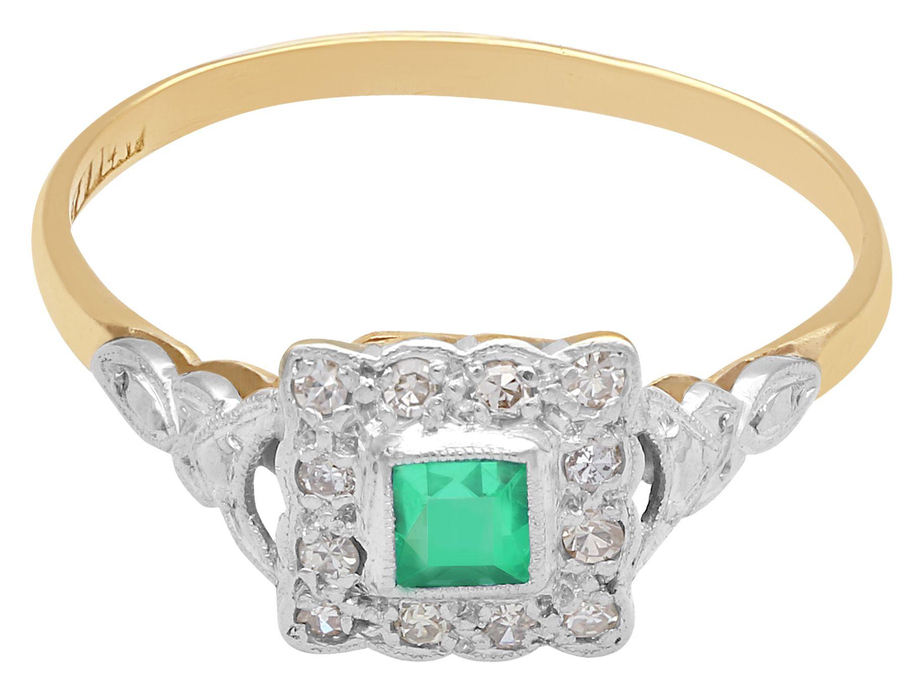 Square Cut Antique 1900s Emerald and Diamond Yellow Gold Cocktail Ring