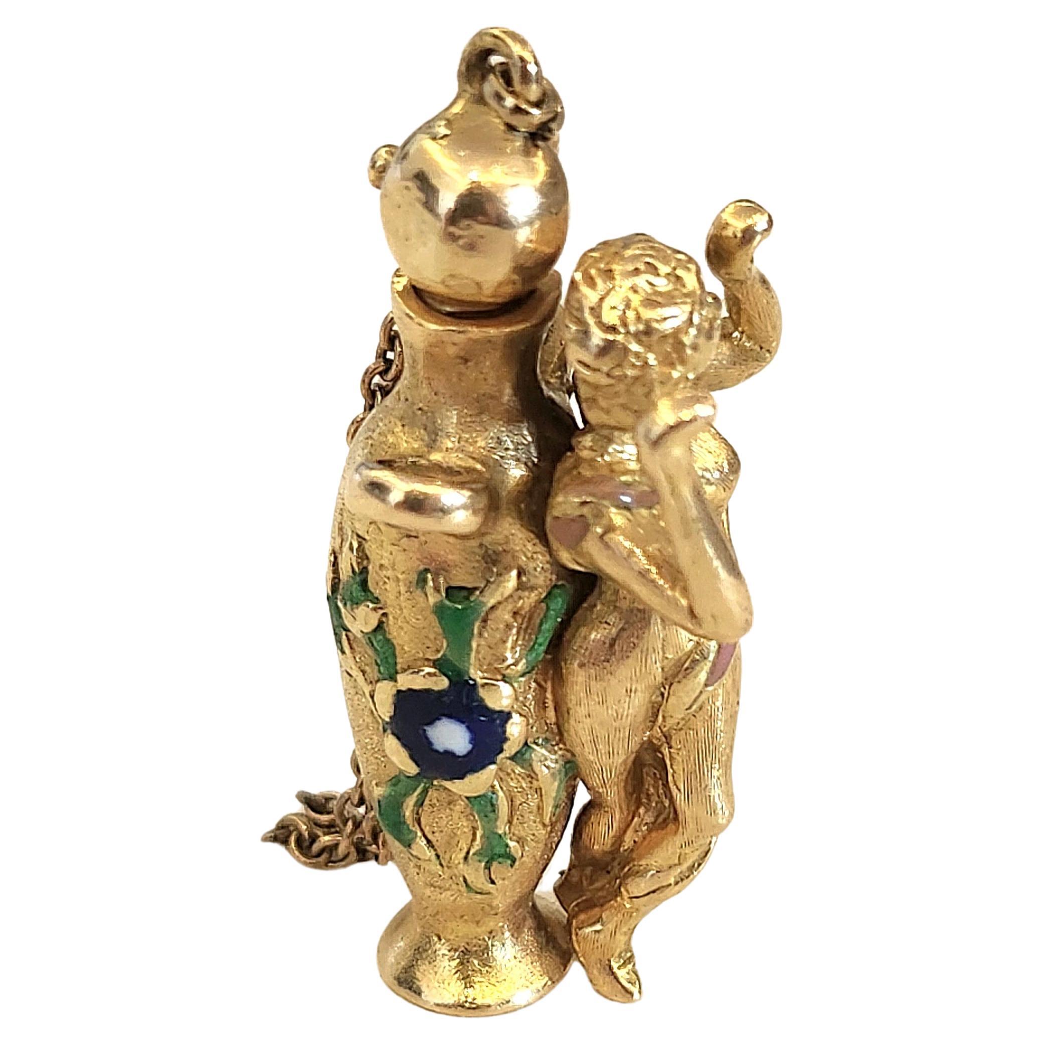 Antiker 1900er Emaille Jugendstil Parfüm Gold Anhänger Damen im Angebot