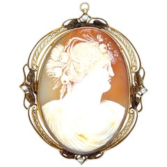 Antique 1900s Gold, Pearl and Shell Victorian Cameo Brooch