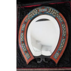 Antique 1900s Italian Micro Mosaic Horseshoe Mirror Stand w/ Box