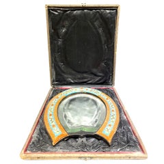 Antique 1900s Italian Micro Mosaic Horseshoe Mirror Stand w/ Box 
