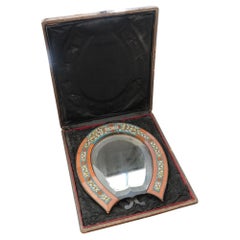Antique 1900s Italian Micro Mosaic Horseshoe Mirror Stand w/ Box