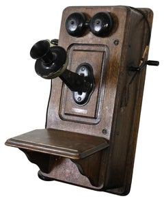Antique 1900s Kellogg Wall Mount Crank Telephone Quartersawn Tiger Oak