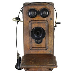Antique 1900s Kellogg Wall Mount Crank Telephone Quartersawn Tiger Oak