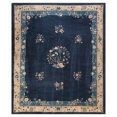 Antique 1900s Navy Chinese Peking Carpet 8'4" x 9'10" Floral Design Handmade Rug