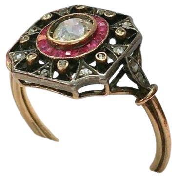 Women's Antique 1900s Old mine Cut Diamond And Ruby Ring For Sale