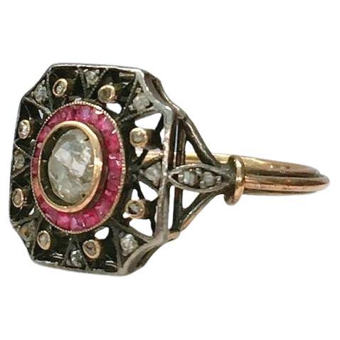 Bague ancienne en diamants et rubis taille vieille mine des années 1900