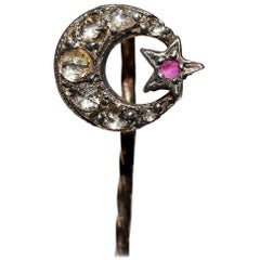 Antique 1900s Ottoman 10k Gold Natural Rose Cut Diamond Decorated Moon Brooch