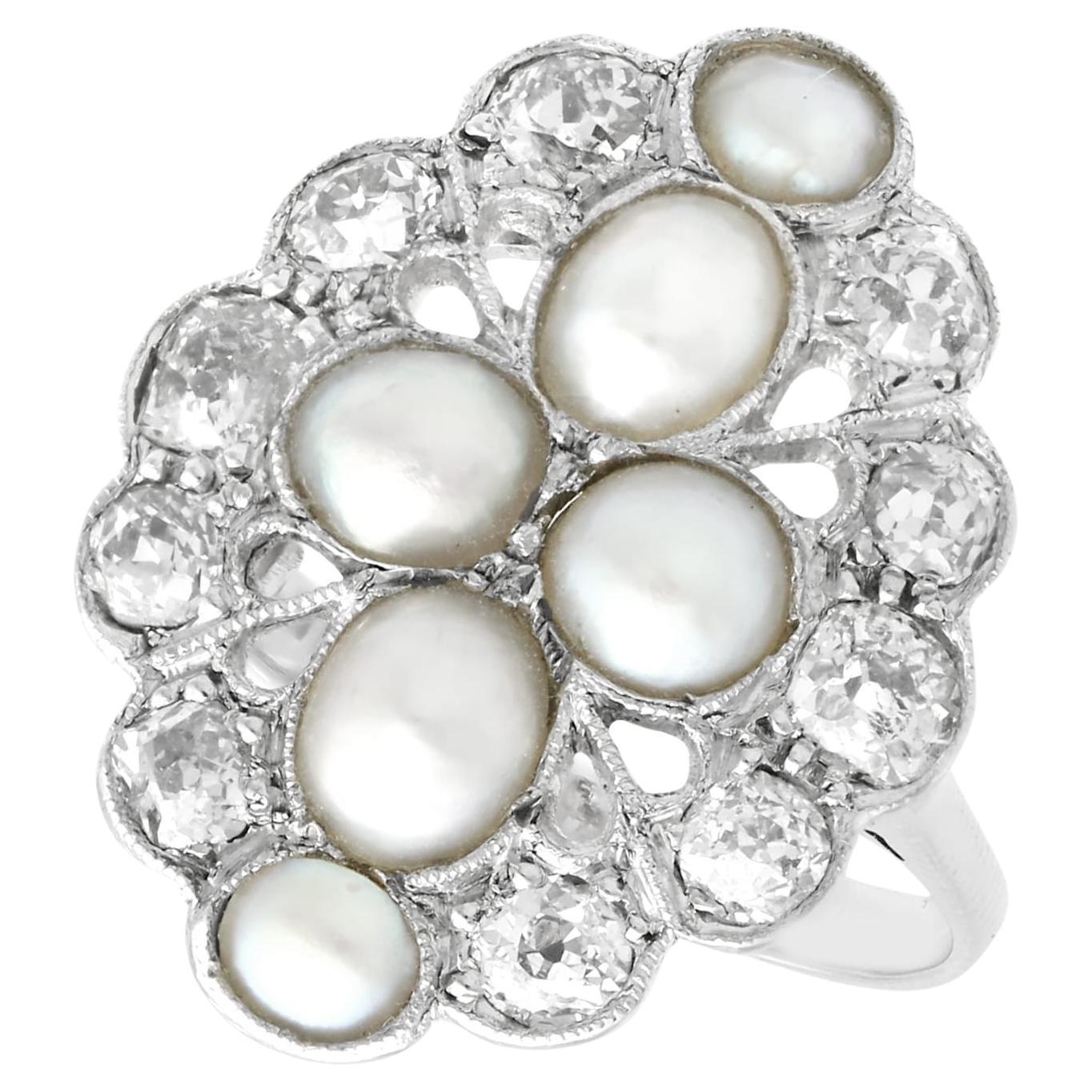 1900s Pearl and 1.73 Carat Diamond White Gold Cocktail Ring