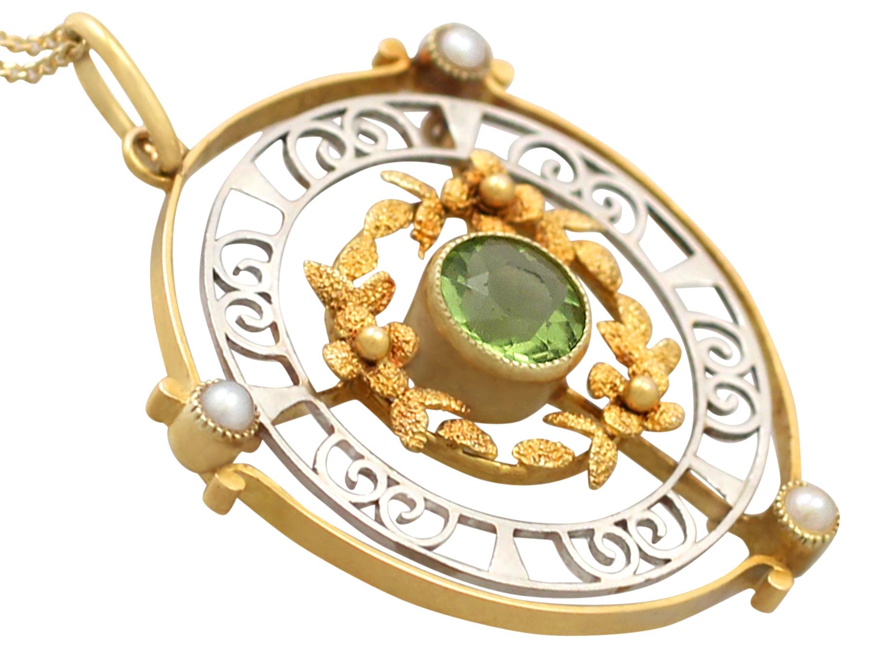Round Cut Antique 1900s Peridot and Pearl Yellow Gold and White Gold Pendant