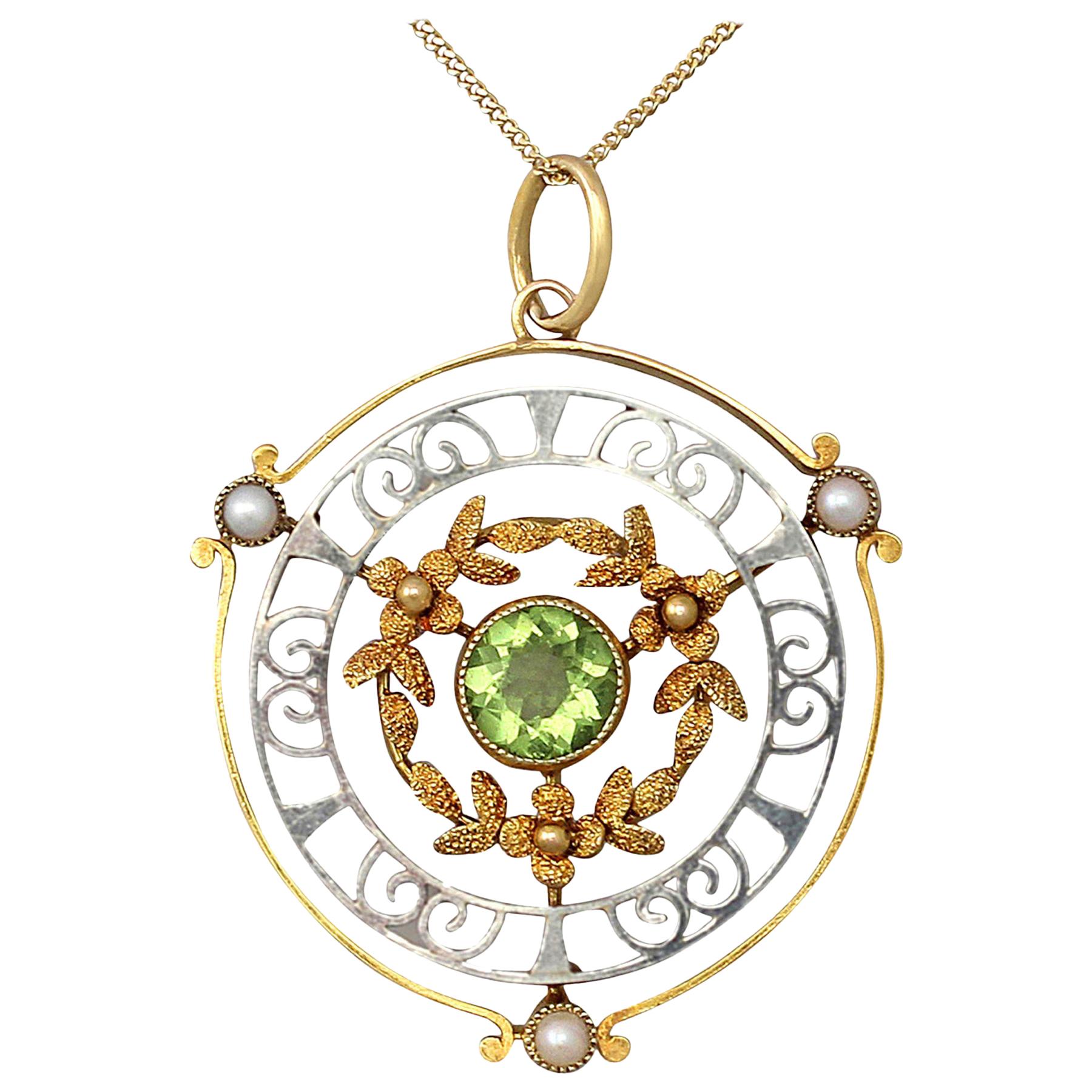 Antique 1900s Peridot and Pearl Yellow Gold and White Gold Pendant