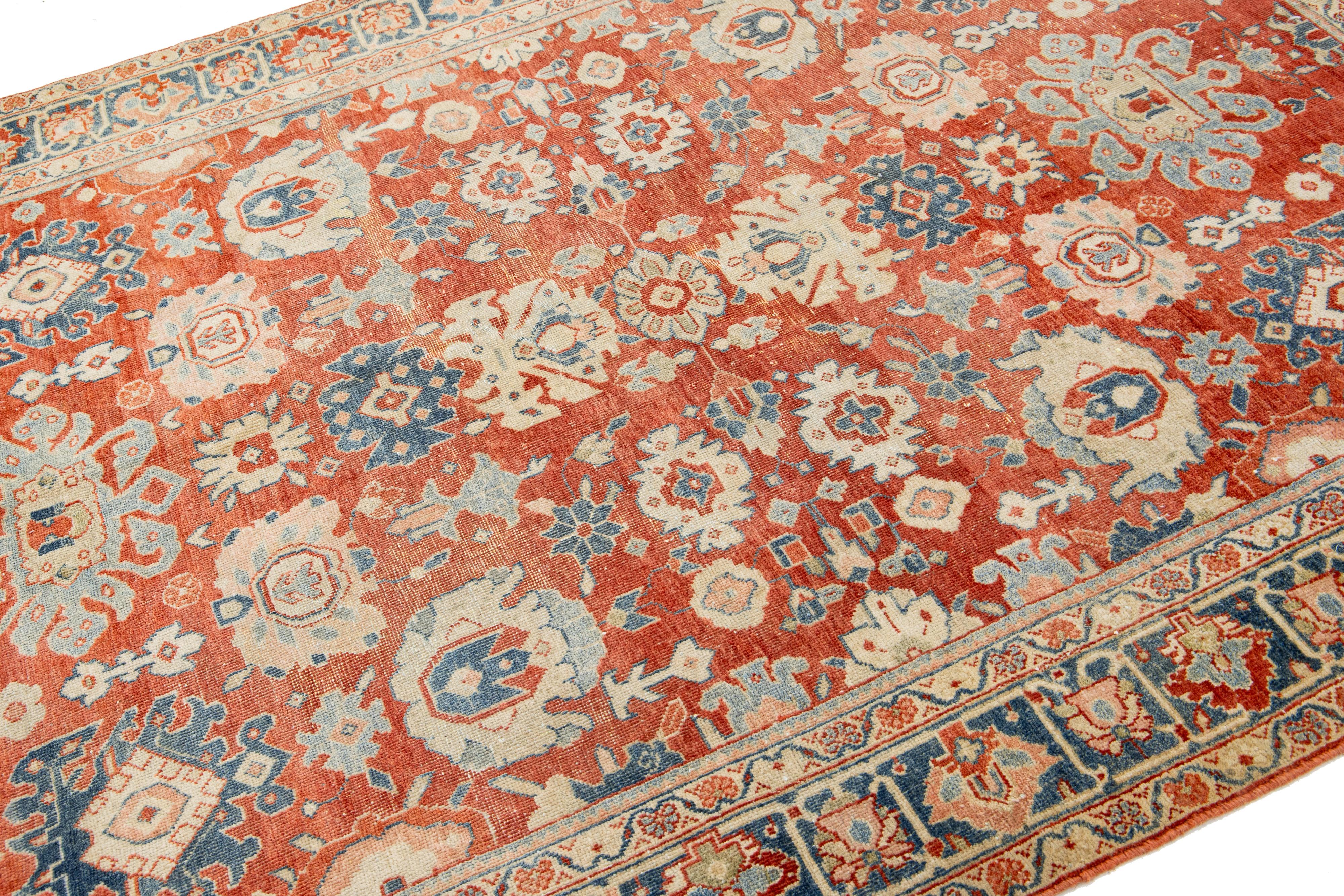 Islamic Antique 1900s Persian Mahal Wool Rug Handmade In Red With Allover Floral Motif For Sale
