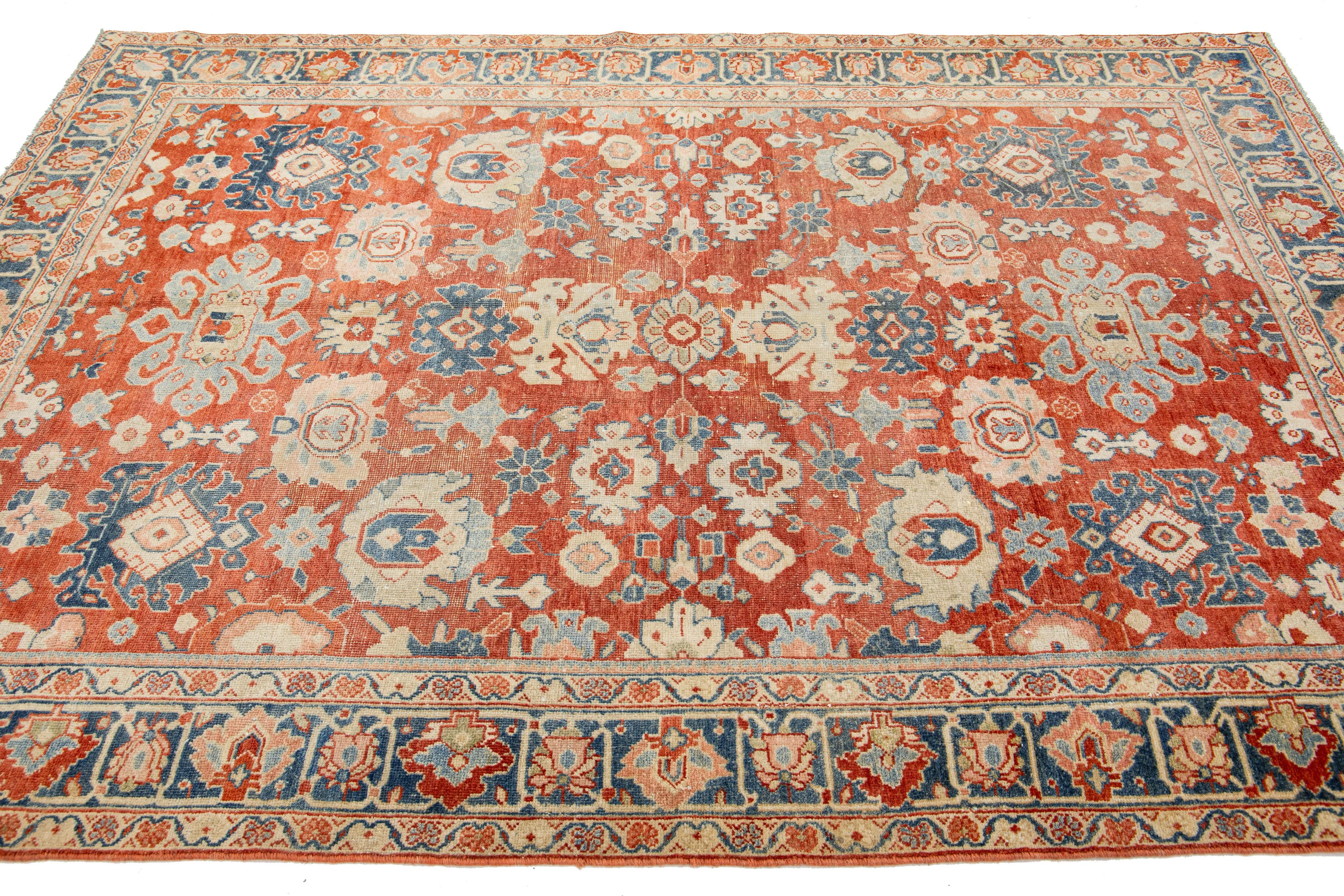 Hand-Knotted Antique 1900s Persian Mahal Wool Rug Handmade In Red With Allover Floral Motif For Sale