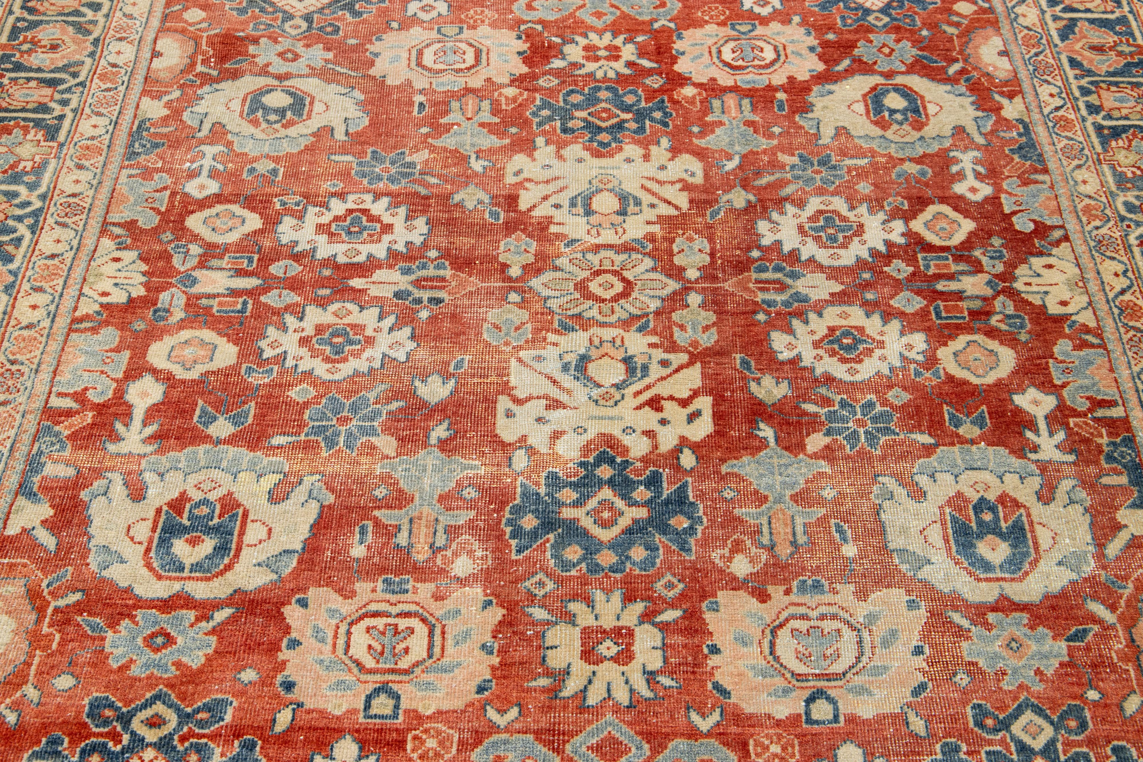 Early 20th Century Antique 1900s Persian Mahal Wool Rug Handmade In Red With Allover Floral Motif For Sale